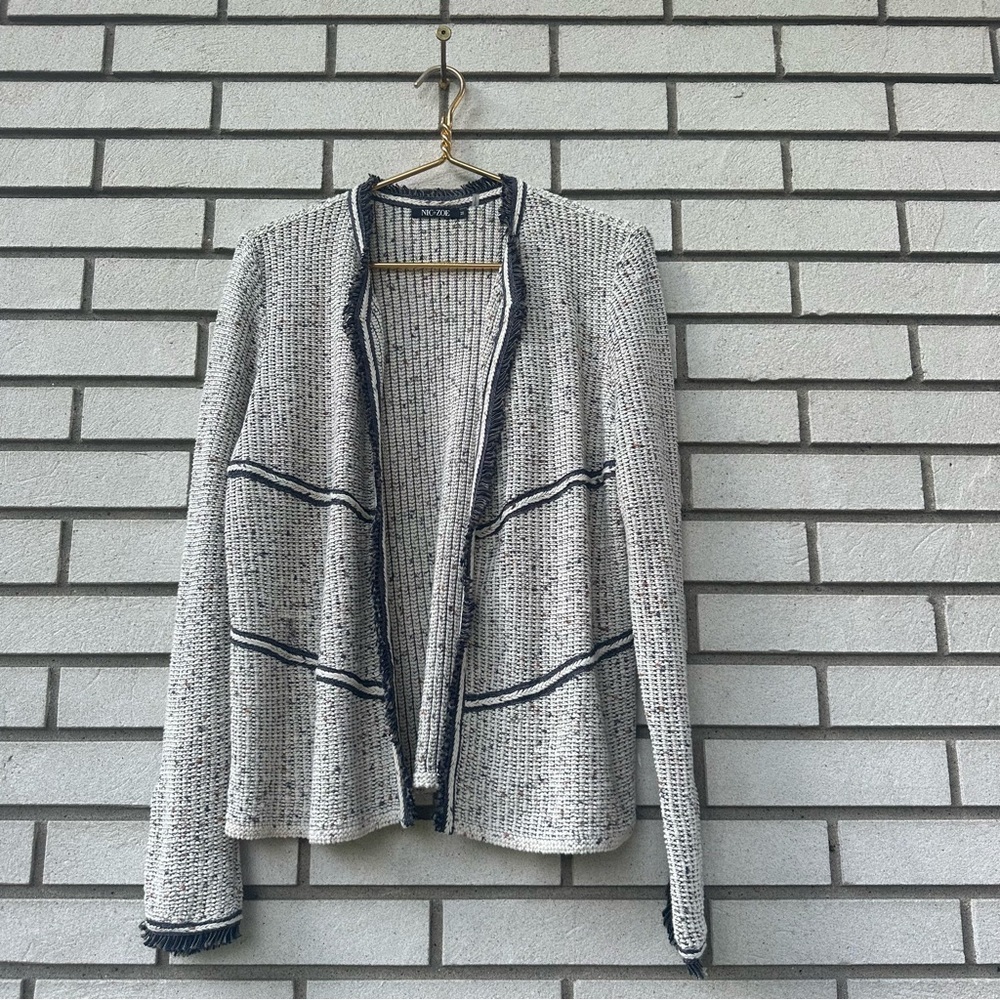 NIC+ZOE Fringe Trim Open Front Textured Knit Jacket Medium Charcoal Cream‎